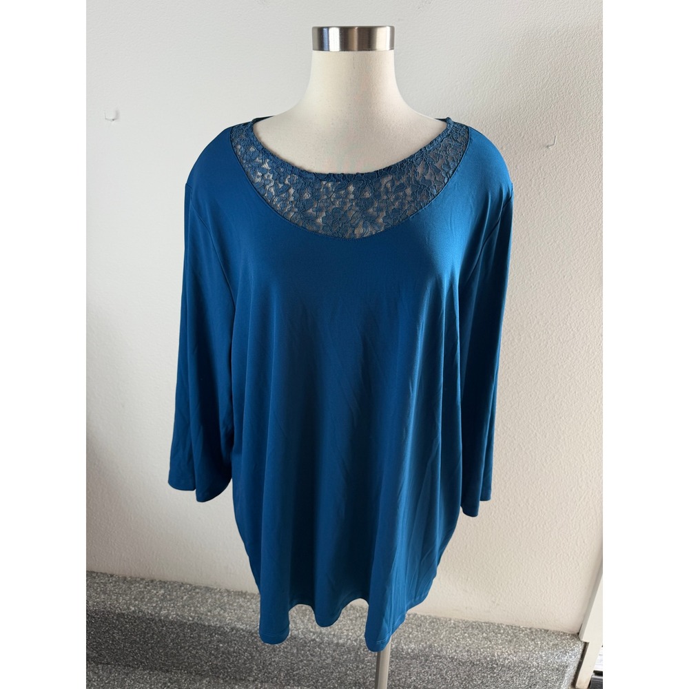 NEW Catherines Womens Plus 2X Teal Blue Lace Trim Scoop Neck Long Sleeve Top